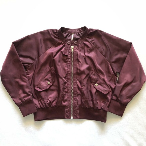 Free People Jackets & Blazers - Free People Women Satin Midnight Bomber Full Zip Jacket Maroon Burgundy Red S